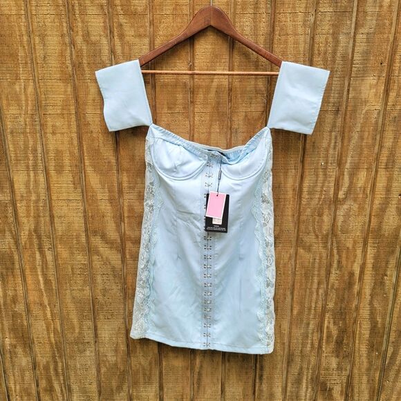 PrettyLittleThing Blue Lace Inset Hook & Eye Bardot Bodycon Dress Womens Size 6 - Picture 12 of 12